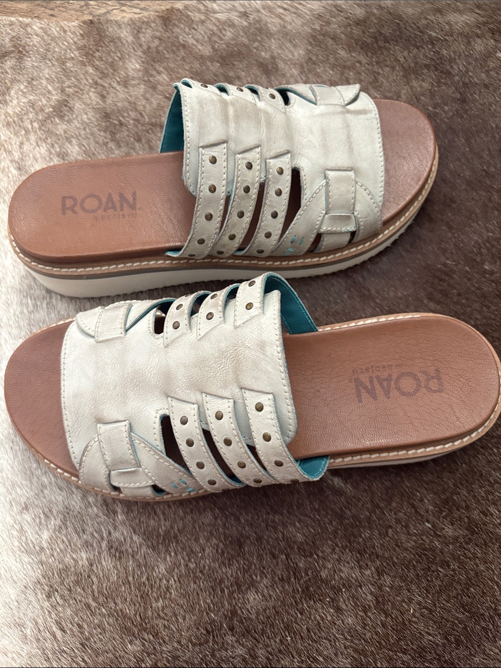 ROAN by Bed Stu Pine Leather Platform Slide Sandals Bone Studded